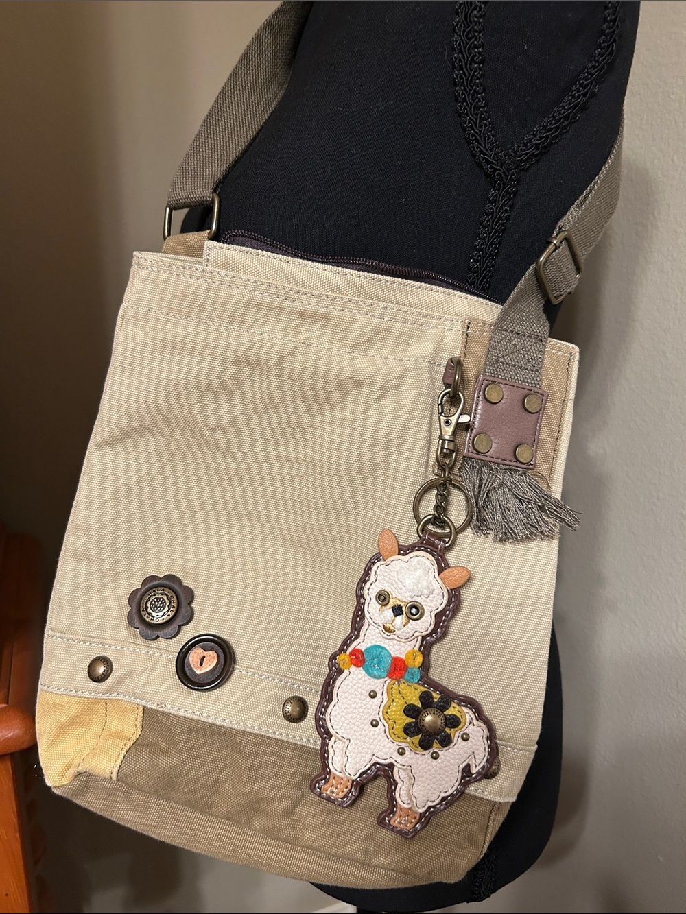 Chala Beige and Brown Crossbody Bag with Llama Charm